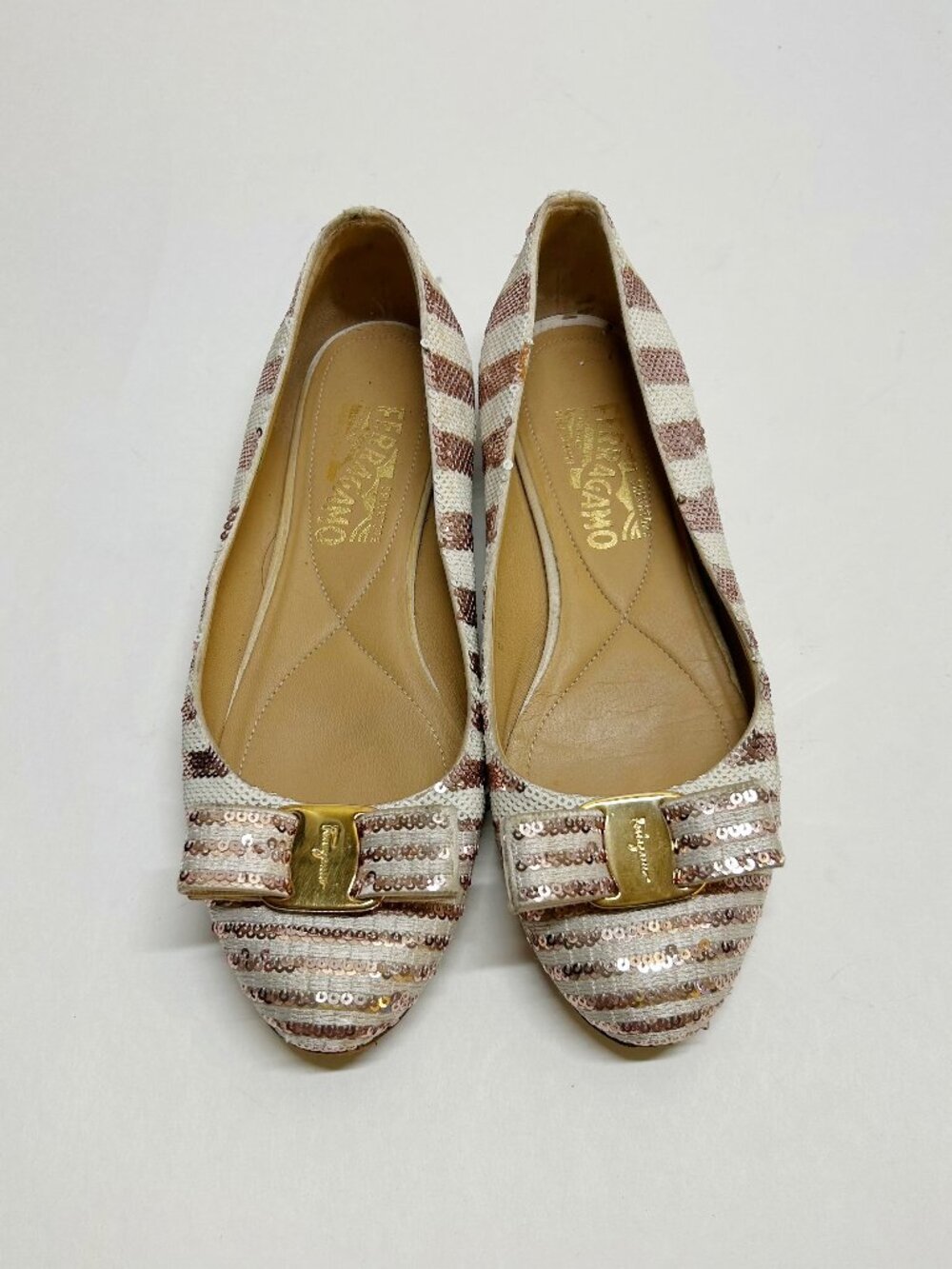 Salvatore Ferragamo Pink and White Sequin Vara Bow Flats